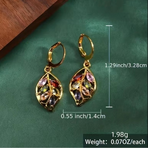 Multi-Color Cubic Zirconia Leaf 14k Gold Plated Earrings - Picture 4 of 4